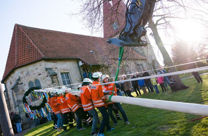 30.April 2017: Mit vereinten Kräften (und maschineller Unterstützung) wird der „neue“ Maibaum zum ersten Mal aufgerichtet. Foto: Feuerwehr Hohenbostel