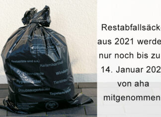 Restabfallsäcke aus 2021 werden nur noch kurze Zeit von aha mitgenommen. Die neuen Restabfallsäcke für 2022 sind bereits im Handel erhältlich. Foto: aha